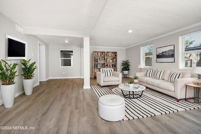 living room featuring light wood-type flooring and ornamental molding