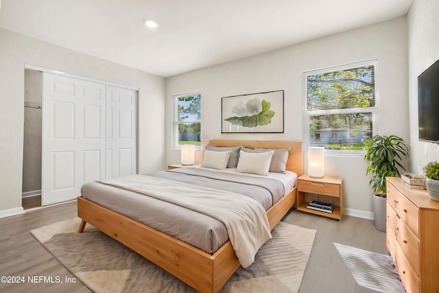 bedroom with a closet, light hardwood / wood-style floors, and multiple windows