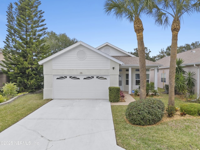 ranch-style house with a garage and a front lawn