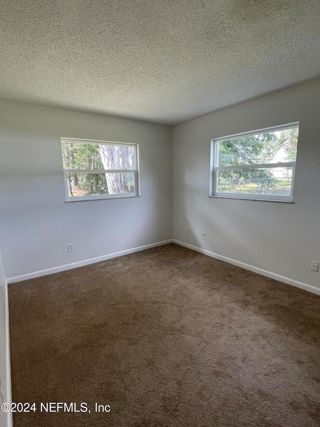 empty room with a wealth of natural light, dark carpet, and a textured ceiling