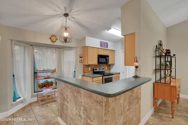 kitchen with light brown cabinetry, a textured ceiling, electric stove, pendant lighting, and lofted ceiling