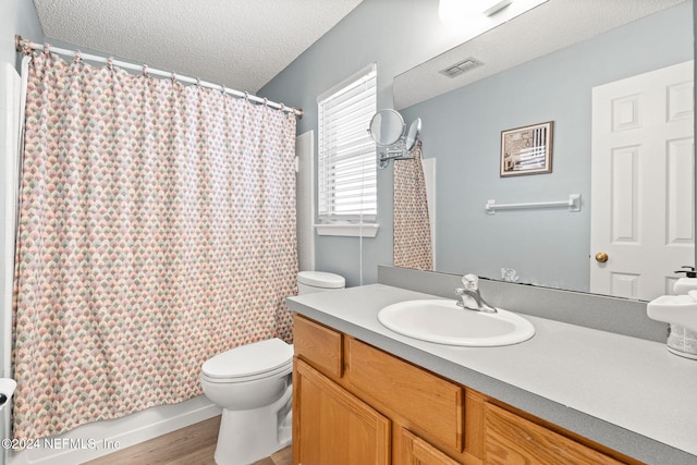 bathroom with vanity, wood-type flooring, a textured ceiling, and toilet