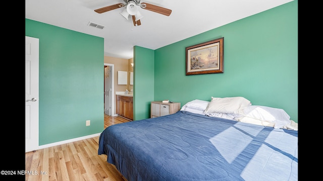 bedroom featuring ceiling fan, connected bathroom, and light hardwood / wood-style flooring