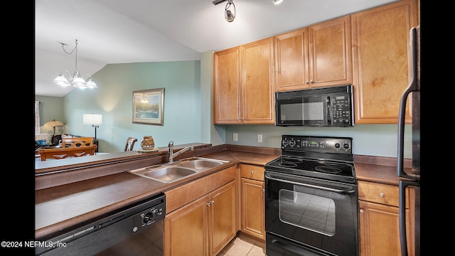 kitchen featuring sink, an inviting chandelier, vaulted ceiling, light tile patterned floors, and black appliances