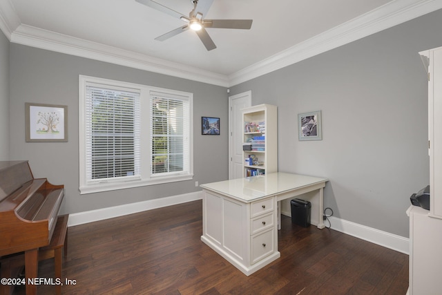 office featuring dark hardwood / wood-style flooring, ceiling fan, and ornamental molding