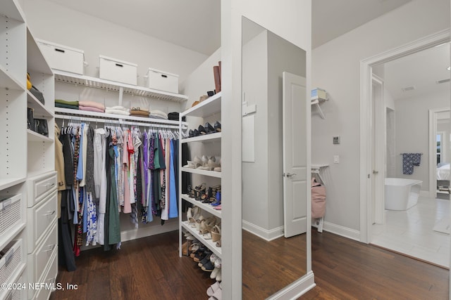 walk in closet with dark hardwood / wood-style floors