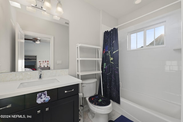 full bathroom with ceiling fan, toilet, vanity, and shower / tub combo with curtain