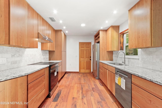 kitchen with ventilation hood, sink, light hardwood / wood-style flooring, light stone counters, and stainless steel appliances