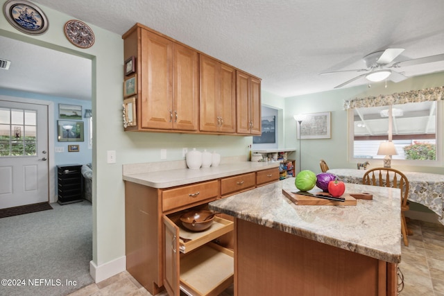 kitchen with ceiling fan, light stone counters, a textured ceiling, and light carpet