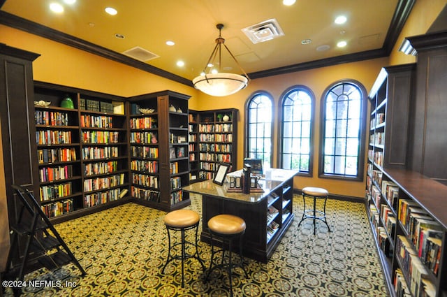 office space with carpet flooring and crown molding