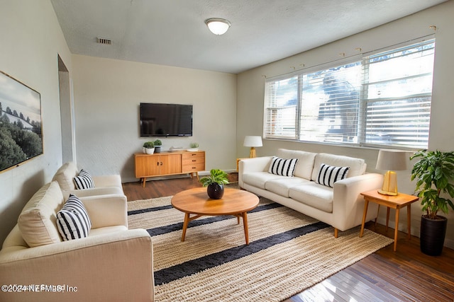 living room with visible vents and dark wood finished floors