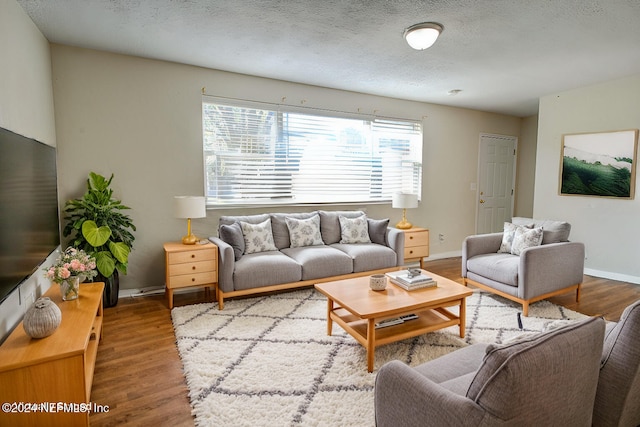 living area featuring a textured ceiling, baseboards, and wood finished floors