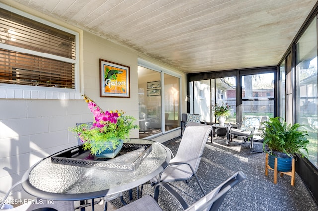 sunroom featuring wood ceiling