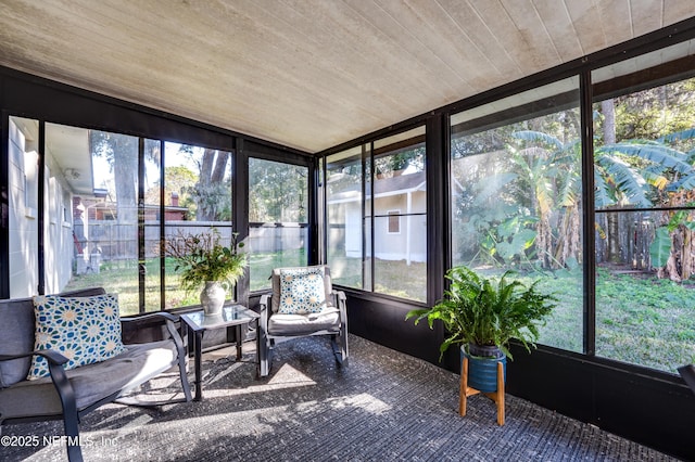 sunroom with wood ceiling