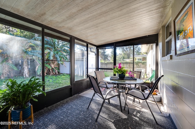 sunroom / solarium featuring lofted ceiling and wooden ceiling