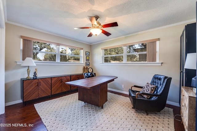 office space featuring crown molding, hardwood / wood-style floors, ceiling fan, and a textured ceiling