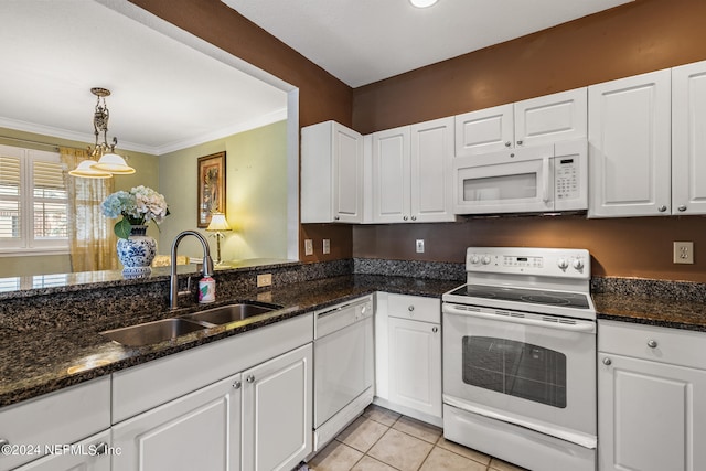 kitchen featuring white cabinetry, crown molding, white appliances, and sink