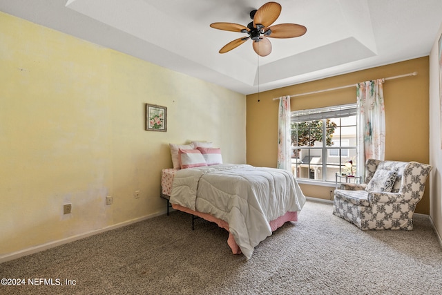 bedroom with a raised ceiling, ceiling fan, and carpet