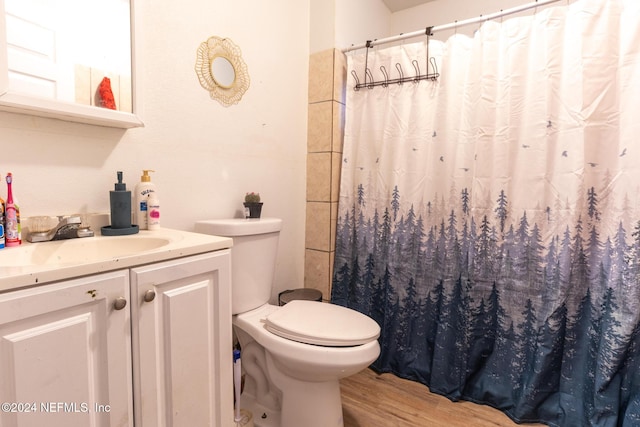 bathroom featuring hardwood / wood-style floors, vanity, toilet, and a shower with curtain