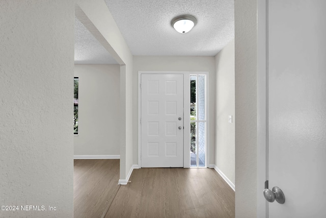 foyer with hardwood / wood-style floors and a textured ceiling