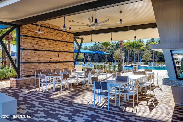 view of patio / terrace with ceiling fan and a community pool