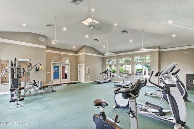 workout area with lofted ceiling, ceiling fan, and crown molding