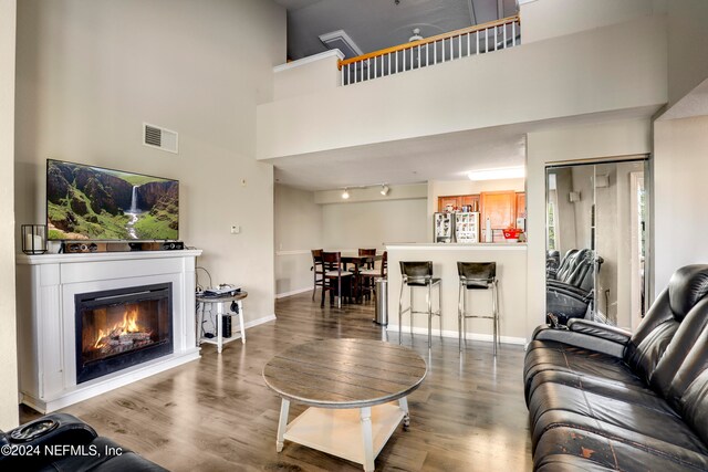 living room with a towering ceiling and hardwood / wood-style flooring