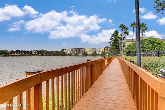 view of dock with a water view