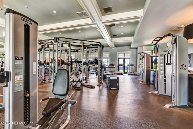 exercise room with coffered ceiling