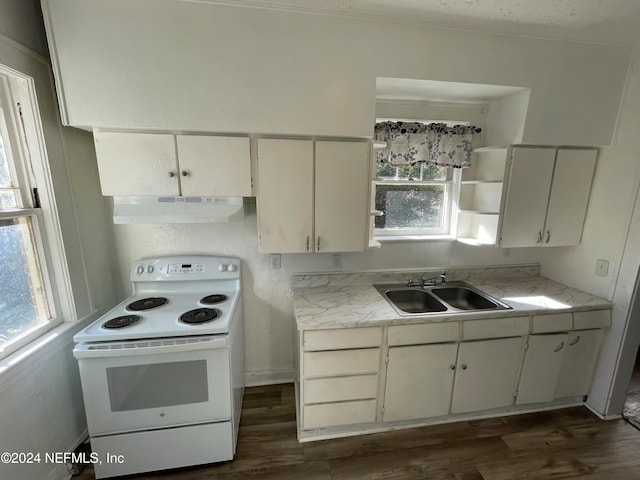 kitchen featuring white electric range oven, dark hardwood / wood-style floors, a wealth of natural light, and sink