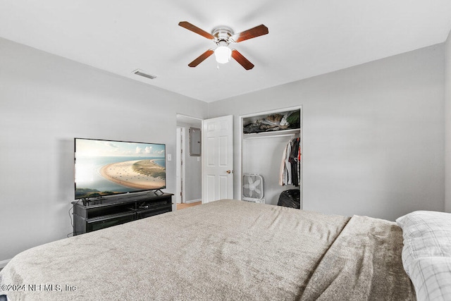 bedroom featuring ceiling fan and a closet