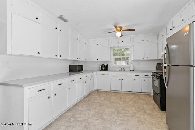 kitchen with black appliances, ceiling fan, white cabinets, and sink