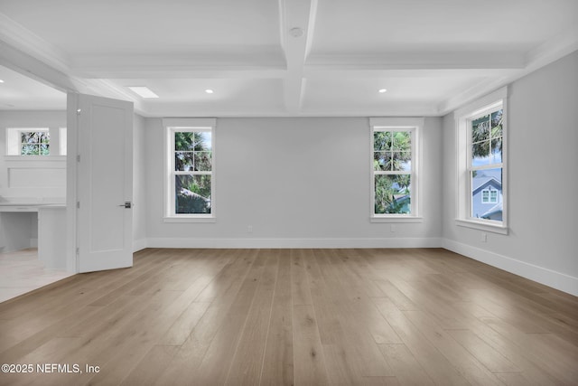 142 Ocean Blvd, Atlantic Beach, FL 32233 - empty room with beamed ceiling, coffered ceiling, light wood finished floors, and recessed lighting
