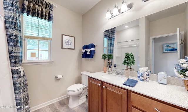 bathroom featuring hardwood / wood-style flooring, vanity, curtained shower, and toilet