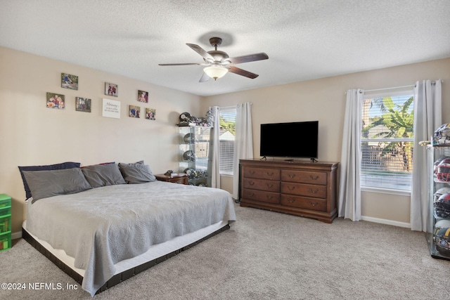 carpeted bedroom with ceiling fan, a textured ceiling, and multiple windows