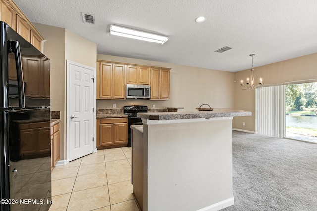 kitchen with an inviting chandelier, decorative light fixtures, a textured ceiling, light tile patterned floors, and black appliances