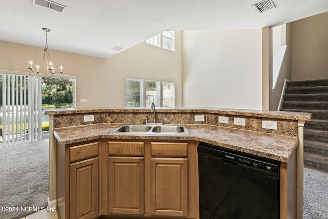 kitchen with a textured ceiling, sink, carpet floors, and black dishwasher