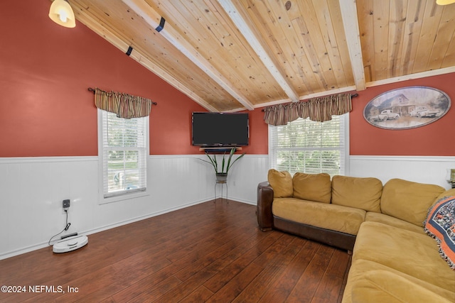 living room featuring vaulted ceiling with beams, dark hardwood / wood-style flooring, and wooden ceiling