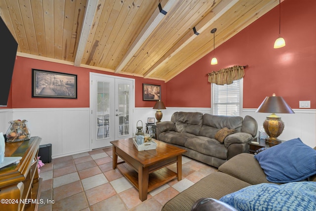 living room featuring french doors, vaulted ceiling with beams, wooden ceiling, and light tile patterned flooring