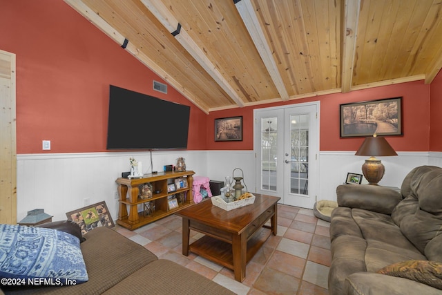 living room featuring vaulted ceiling with beams, french doors, light tile patterned floors, and wooden ceiling