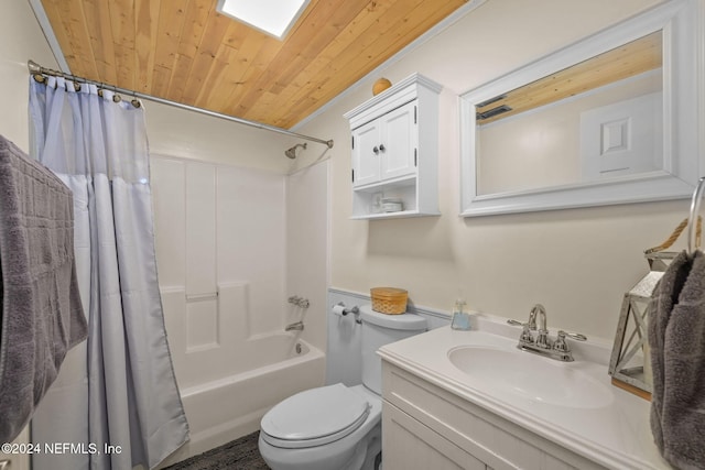 full bathroom featuring shower / bathtub combination with curtain, vanity, toilet, and wooden ceiling