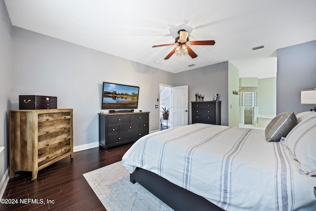 bedroom with ensuite bath and ceiling fan