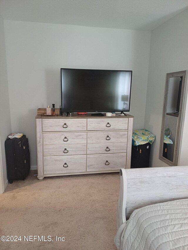 bedroom with light carpet