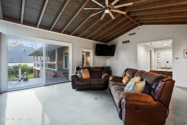 living room featuring lofted ceiling with beams, ceiling fan, and wood ceiling