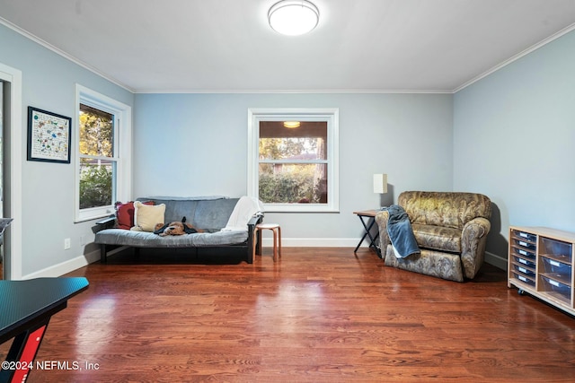 sitting room featuring dark hardwood / wood-style floors and ornamental molding