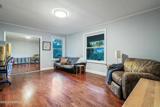 interior space with crown molding and dark wood-type flooring