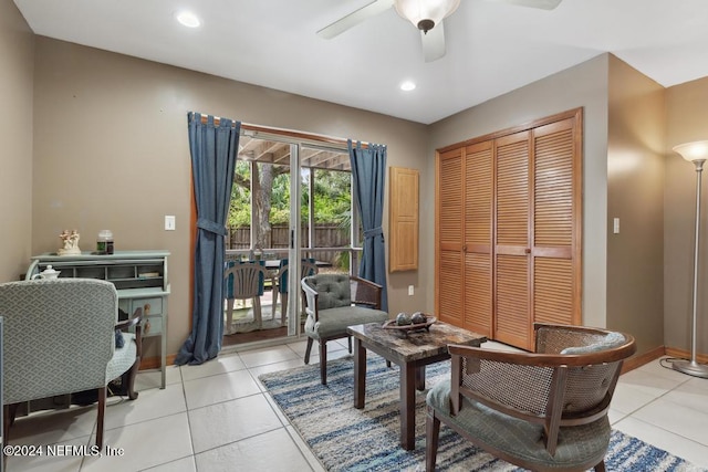 tiled office with ceiling fan