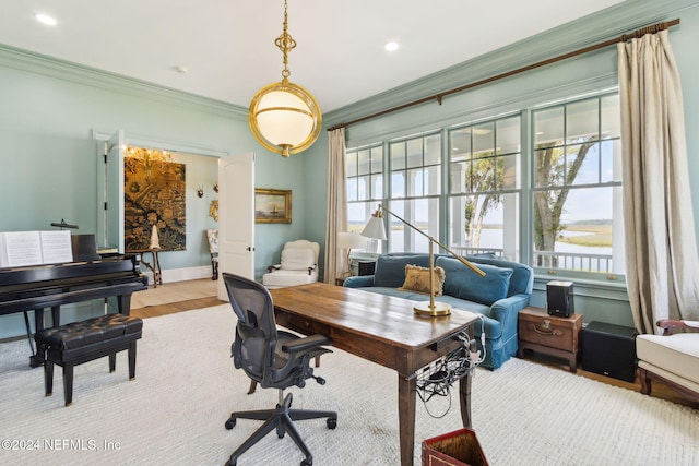 office space featuring a healthy amount of sunlight, light wood-type flooring, and ornamental molding