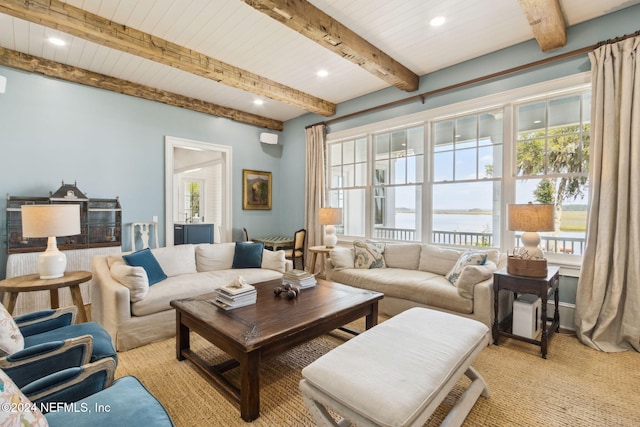 living room featuring beam ceiling, wooden ceiling, and light carpet