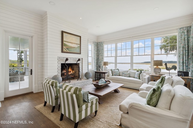 living room featuring hardwood / wood-style floors, a healthy amount of sunlight, a water view, and a brick fireplace